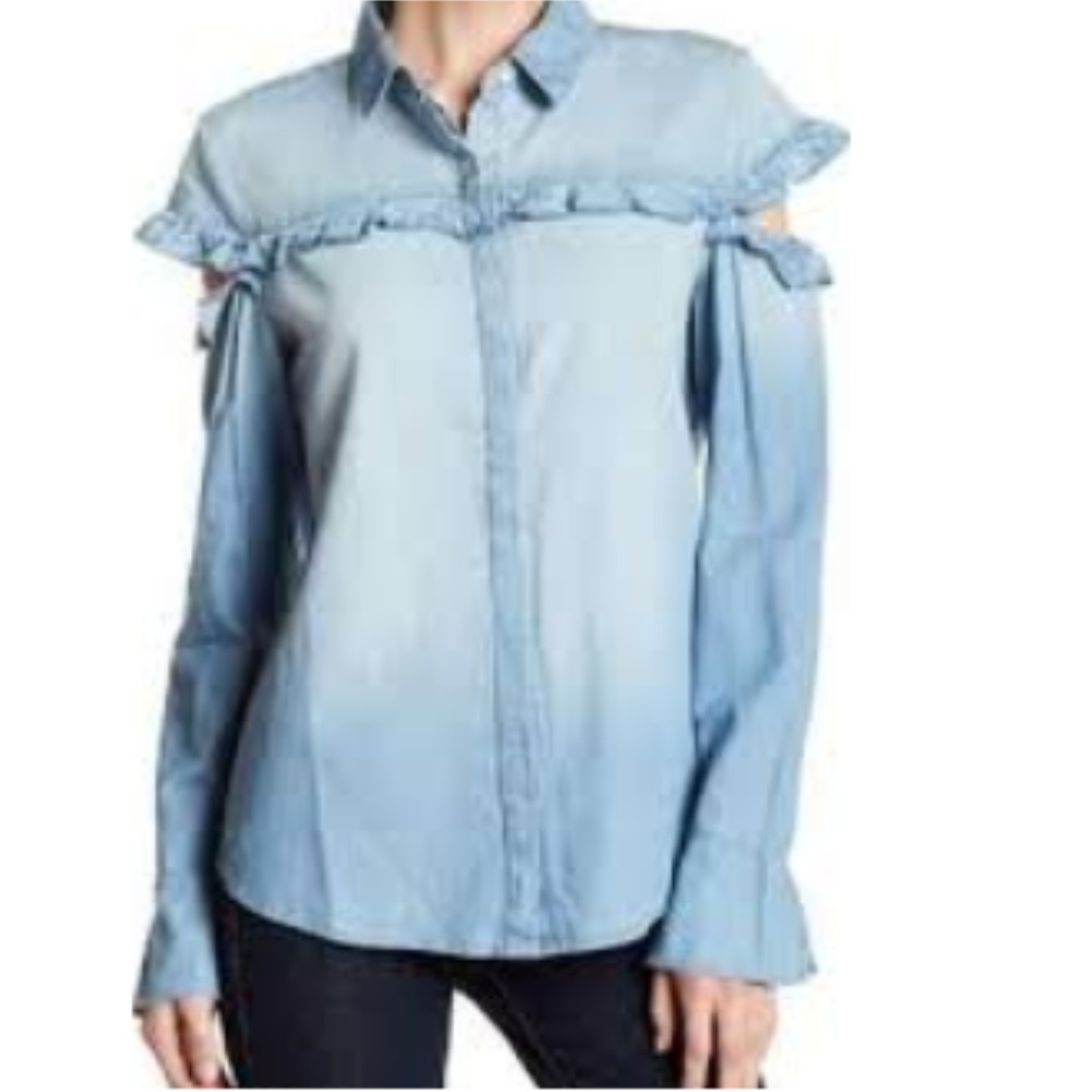 Women Casual Shirt Long Sleeve Denim Cold Shoulder